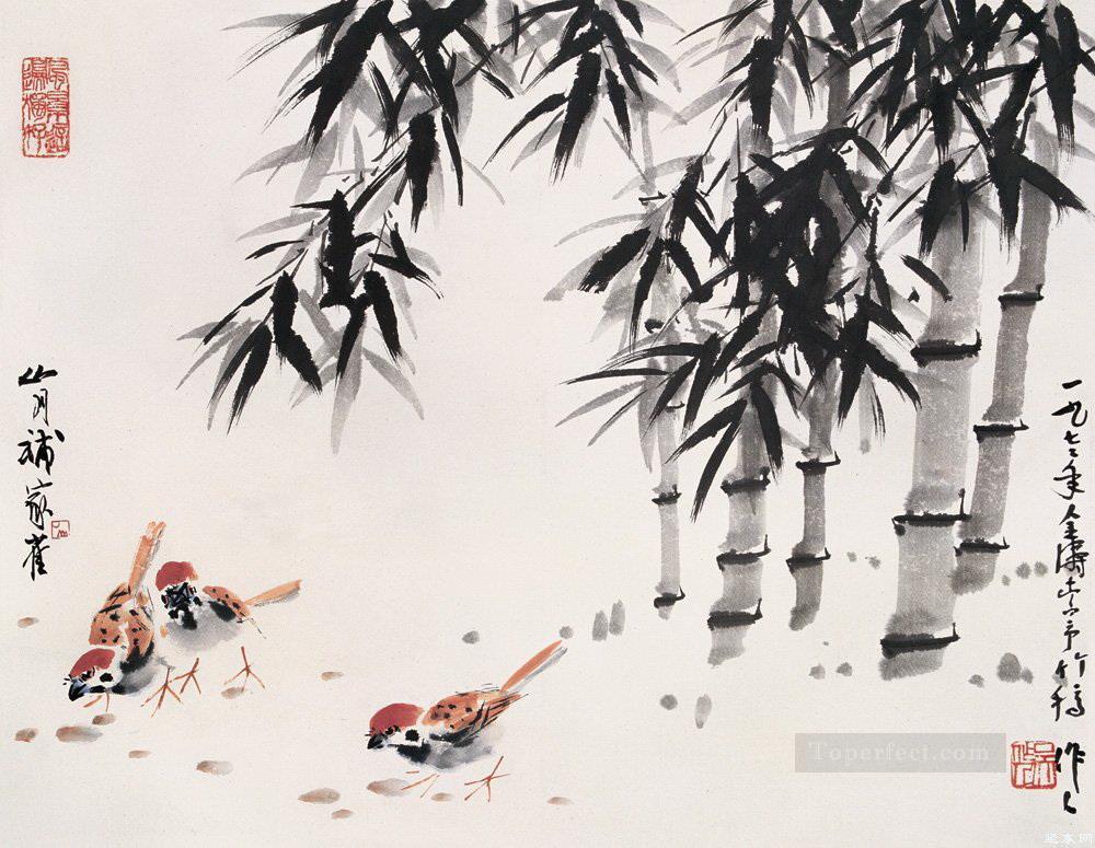 Pollo Wu Zuoren bajo bambú chino antiguo Pintura al óleo